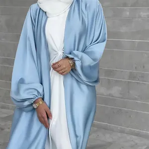 Cardigan Open Satin Abaya Muslim EID Ramadan Modest Fashion Kimono Islamic Clothing Long Puff Sleeve Free Belt With Pocket Abaya