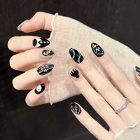Uñas Postizas Góticas Hechas a Mano con Diseño de Calavera Negra, Cruz Plateada y Telaraña, 10 Piezas, Color Beige Nude, Uñas Falsas Góticas para Mujer
