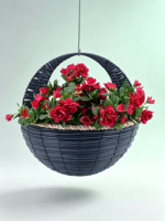 Pot suspendu bleu marine en ciment avec grande poignée incurvée, bord en corde beige, style américain, sculpté à la main, pour intérieur/extérieur