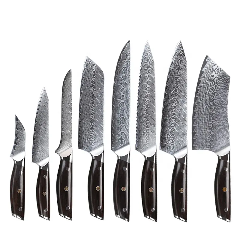Lot de 8 couteaux de cuisine de luxe en bois d'ébène avec manche 67 couches en acier damas pour pain professionnel Santoku Chef