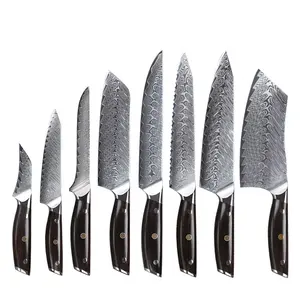 مجموعة سكاكين مطبخ 8 قطع يابانية فاخرة من خشب الأبنوس بيد 67 طبقة شفرة فولاذية دمشقية طقم سكاكين خبز ساندوكو المحترفين
