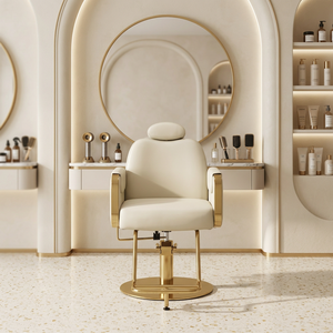 Fauteuil de coiffure hydraulique de luxe beige et or, inclinable, avec appui-tête pour poste de coiffure - Product Image 3