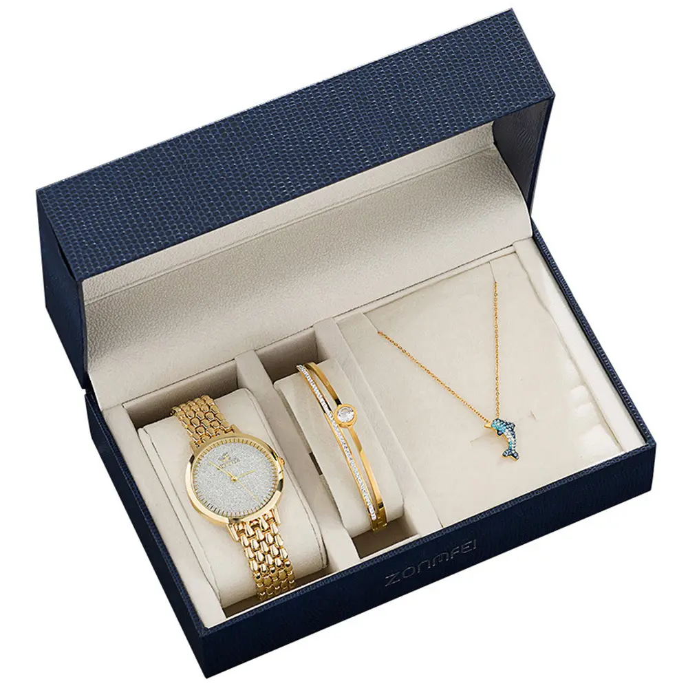 Sailing Jewelry Top Fashion Luxury Necklace Bracelet and Watch Set 3 PCS Fine Jewelry Bracelet Necklace Rose Gold Quartz Watch