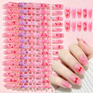 30 faux ongles à presser longs en amande, motif cerise rose à pois, design fruit mignon, réutilisables, pour l'été et le quotidien - Product Image 1