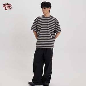 Camiseta a Rayas de Alta Calidad para el Trabajo, Algodón Grueso de 250 g/m², Rayas Finas, Cuello Redondo, Transpirable, Estilo Vintage para Hombre - Product Image 1