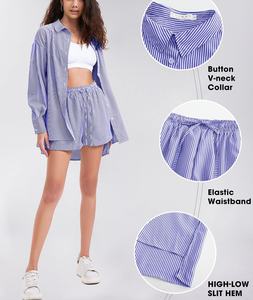 Femmes été 2 pièces rayé à manches longues chemise et short ensembles personnalisé de haute qualité vêtements d'été 2 pièces ensembles pour femmes - Product Image 4