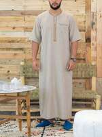 2026 Thobe Abaya musulman décontracté brodé à manches courtes avec poches, coupe ample, pour hommes adultes, en polyester de haute qualité, confortable
