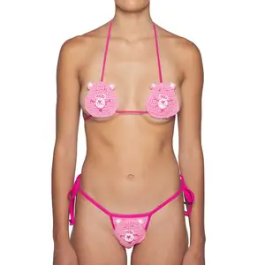 Conjunto de biquíni feminino de crochê, roupa de banho sexy com urso rosa, roupa de banho para praia, biquínis de mão, moda de crochê, 2024, 2024, sexy