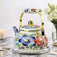Bouilloire à thé en émail 2,5 L, motif floral bleu Bohème, pour cuisinière, élégante, rétro, en acier émaillé, résistante à la chaleur, antiadhésive