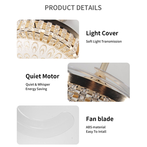 Ventilateur de plafond Fandelier avec lumière, cristal rétractable, ventilateur de plafond avec lumière, moteur CC, 6 vitesses, LED dimmable, or, moderne, chambre à coucher - Product Image 3