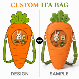 Borsa Ita personalizzata a forma di carota con tracolla regolabile, clip ad anello a D in metallo dorato, fibbia di regolazione e fodera premium con motivo a ortaggi - Product Image 1