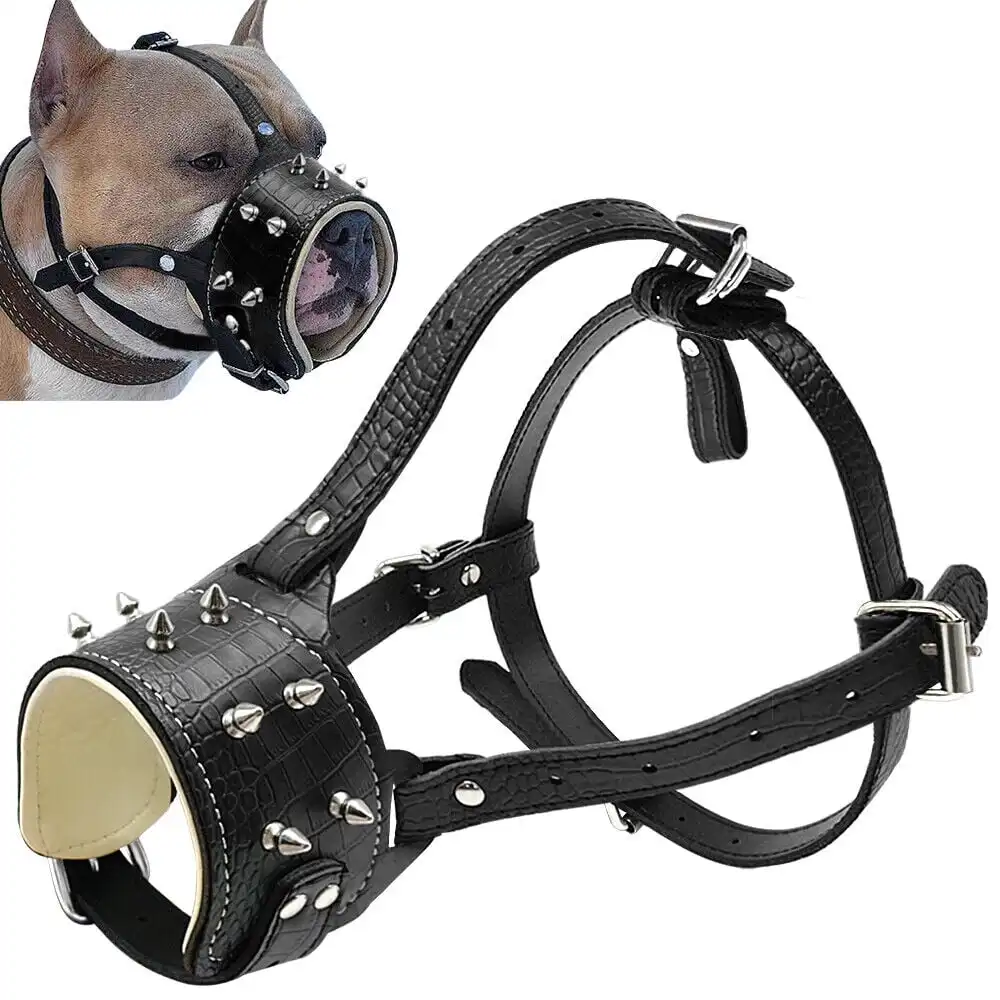 Luxury Spiked Studded Leather Dog Muzzle Anti Biting Chewing Basket for German Shepherd