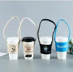 Custom Print Milk Bubble Tea Carrier Holder Take Away Cup Holder Bag Cotton Canvas Cup Sleeve
