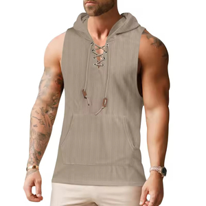 Vente flash : Nouveau gilet grande taille pour homme, fin, décontracté, à capuche, couleur unie, sans manches, avec lacets, pour l'été - Product Image 5