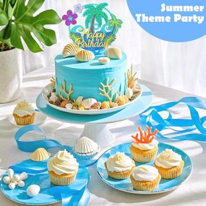 Décoration de gâteau Hawaïenne Joyeux Anniversaire avec Paillettes, Palmiers, Fleurs d'Été et Océan – Accessoires de Fête Thème Luau - Product Image 3