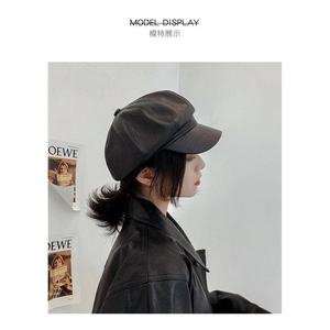 Leather Octagonal Beret For Women Pu Material Autumn <b>Winter</b> <b>Cap</b> Korean Style - Product Image 2