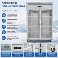 Réfrigérateur Vitré à Deux Portes, Réfrigérateur Vertical en Acier Inoxydable avec Étagères Réglables et Roulettes, Commercial pour Magasin de Proximité