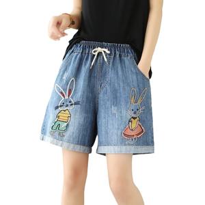 Pantalones cortos de pierna ancha con estampado de dibujos animados divertidos de estilo étnico para mujer, pantalones vaqueros enrollados con cintura elástica, pantalones cortos Y2k, pantalones cortos de mezclilla holgados - Product Image 5