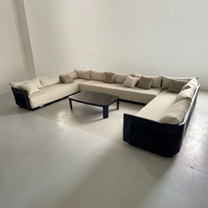 Canapé d'extérieur moderne en forme de U avec structure en aluminium foncé et coussins en tissu clair, ensemble de jardin 4 places - Product Image 1