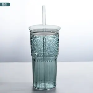 Tasse à café en verre coloré de haute qualité de 500ml avec paille et couvercle