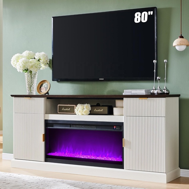 Home Fireplace Television Media Console Fiberboard Wooden Modern Living Room Fluted Tv Cabinet Stand with Fireplace