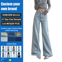 Jean évasé en denim à jambe large, orné de strass et de perles, bleu clair, pour femme, idéal pour l'été