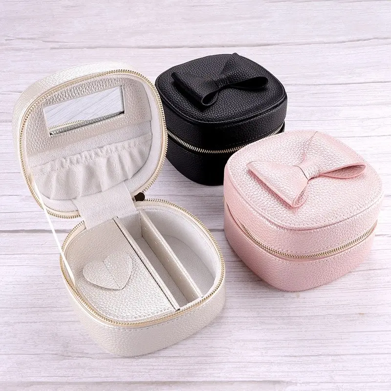 Butterfly Portable Lipstick Cosmetic Storage Jewelry Box PU Leather Ear Studs Chain Jewelry Box with Mirror
