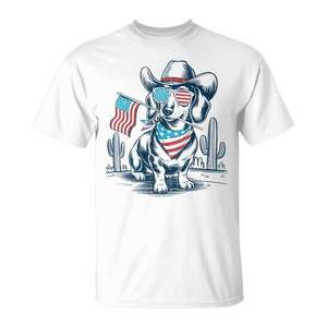 Camiseta patriótica con diseño del 4 de julio, diseño de bandera de Estados Unidos, perro teckel vaquero - Product Image 1