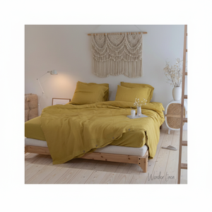 Linen bedding set in moss yellow. <b>King</b> or Queen <b>size</b> duvet cover with button closure and 2 envelope <b>pillow</b> cases - Product Image 1