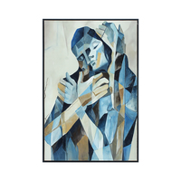 Tableau mural minimaliste village côtier bleu canard impasto fait main déco maison hôtel villa