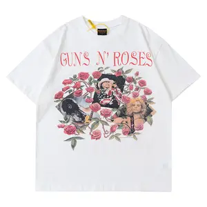 pistolet et roses chemise Suppliers-T-shirt unisexe à manches courtes, en coton, Vintage pistolet N 'roses imprimé, à la mode, été