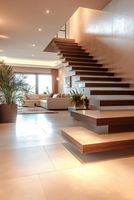 Escalier droit moderne sur mesure pour intérieur, en chêne blanc flottant, avec marches en bois et garde-corps en corde, pour villa