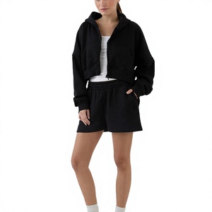 Wholesale Women Crop Hoodie And Shorts Set Custom Logo Premium Fleece Two Piece <b>Tracksuit</b> Manufacturer - Product Image 1