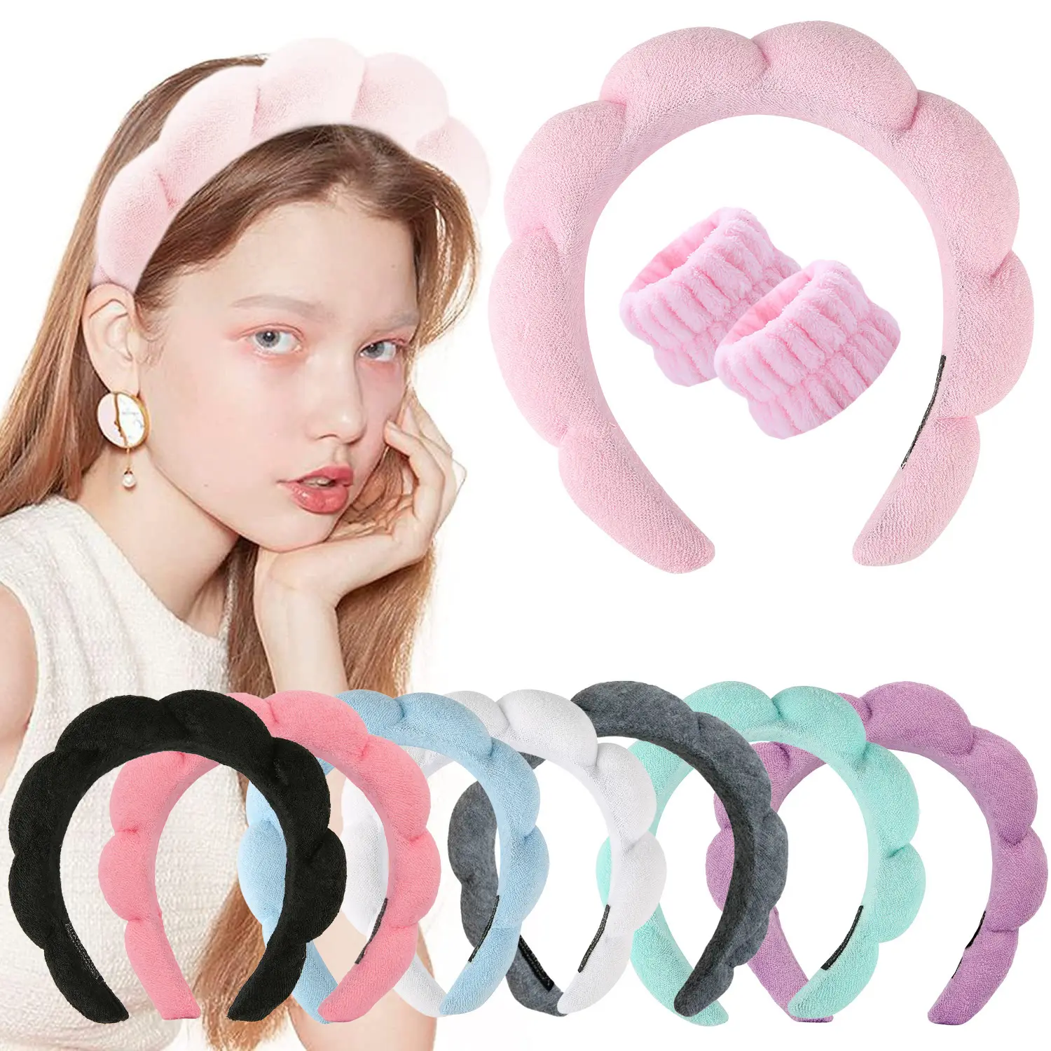 Thời Trang Tùy Chỉnh Trang Điểm Dễ Thương Màu Hồng Màu Xanh Puffy Miếng Bọt Biển Spa Headbands Terry Khăn Vải Trang Điểm Spa Tóc Ban Nhạc Cho Chăm Sóc Da