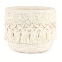Panier de rangement rond en corde de coton tressée style pompon moderne, support pour pinceaux de maquillage en macramé chic bohème – Grande Vente