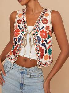 Gilet matelassé pour femme, fait main, fini, automne-hiver, en toile tissée, coton écologique, broderie florale Suzani complète - Product Image 2