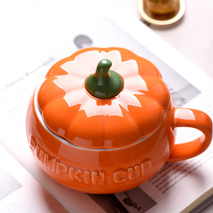 かわいいカボチャ型の陶器製マグカップ＆コーヒーカップセット（スプーンと蓋付き）-新学期に最適、食洗機・電子レンジ対応 - Product Image 4