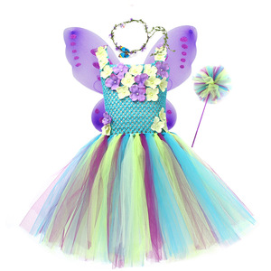 Abito <span class=keywords><strong>in</strong></span> <span class=keywords><strong>Tulle</strong></span> con Cerchietto Ali di Farfalla Costume da Elfo Blu e Viola Carino Gonna da Principessa per Bambine Compleanno - Product Image 6