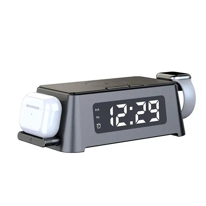 YIZHI 4 in 1 스마트 무선 충전 알람 시계 온도 표시 무선 충전 스테이션이있는 디지털 알람 시계