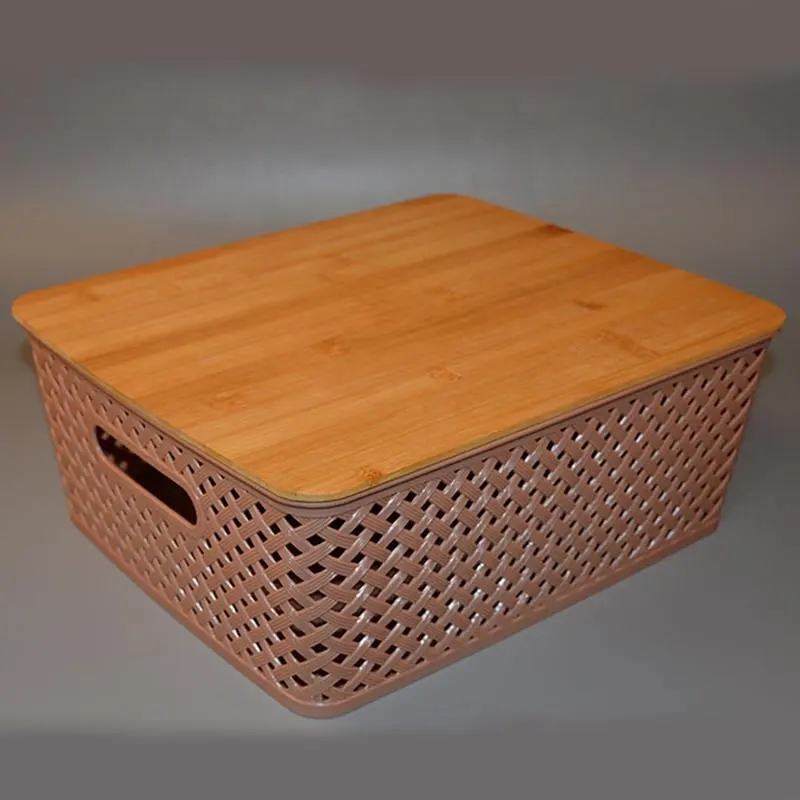 Plastic Rattan Weave Basket Storage Bins Organizer with Wood Lid for Closet Shelf Kitchen Pantry