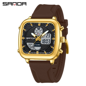 Reloj de Cuarzo Cuadrado Elegante para Hombre Sanda 9101, Reloj de Pulsera Digital Multifuncional Informal con Doble Pantalla y Alarma - Product Image 2