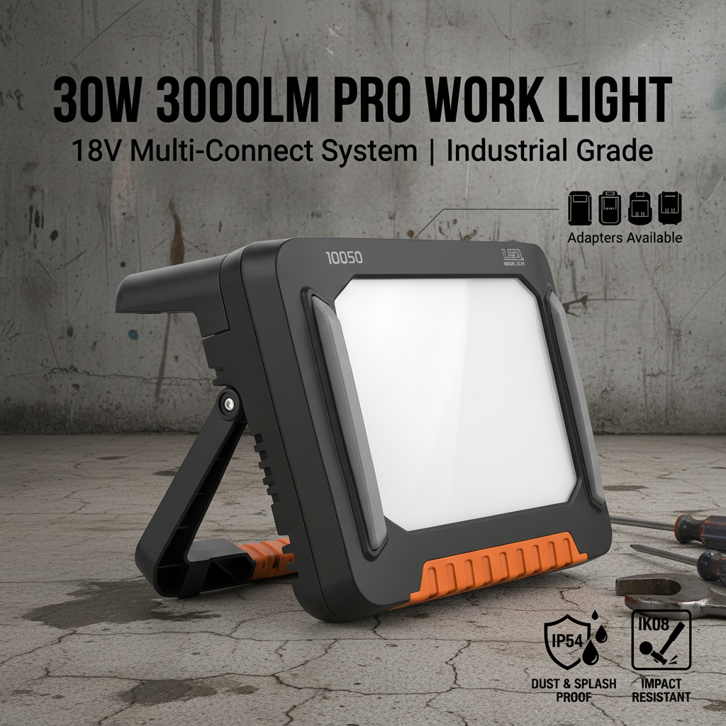 Heavy Duty 18V LED Work Light 30W 3000LM IP54 IK08 Impact Resistant Outdoor Flood Lamp witH Battery Connector