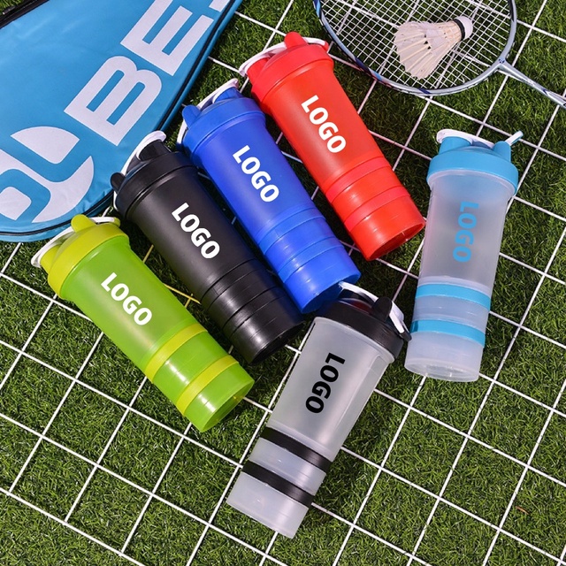 Three-Layer Custom Logo Protein Shaker Bottle with Metal Ball Storage Box for Gym Protein Powder Shake Mixing Water Bottle