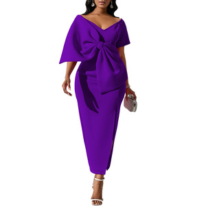 Elegante vestido Maxi rosa para mujeres de talla grande lazo en <span class=keywords><strong>V</strong></span> profundo cintura alta volantes encaje hasta el suelo tela de gasa manga larga - Product Image 5
