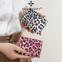 Dompet Pendek Motif Leopard Baellerry Fashion Wanita, Bahan Kulit PU, Lipat Tiga, Banyak Slot Kartu, dengan Kantong Koin Ber-resleting