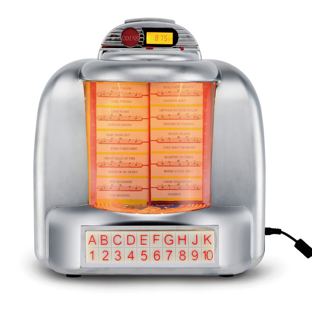 JSY-FP-A01 Mini Tabletop Jukebox Machine FM Radio USB/SD/BT/AUX Button/Remote Control Metallic Silver 2+2 Watt Speaker Output