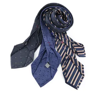 New Fashion Custom Woven Embroidered Geometric Polka Dot Blue Suit Accessories 7 Fold Silk Ties für Men