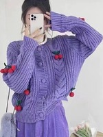 T26621 Cardigan court pour femme, style coréen doux, nouvelle collection automne-hiver 2026, avec motif cerise, coupe ample et décontractée, effet rajeunissant, en maille