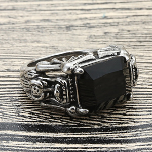 Men's <b>Dragon</b> Design Black Gemstone <b>Ring</b> Steel Color Prong Setting Punk Style Fashion Jewelry Gift - Product Image 3