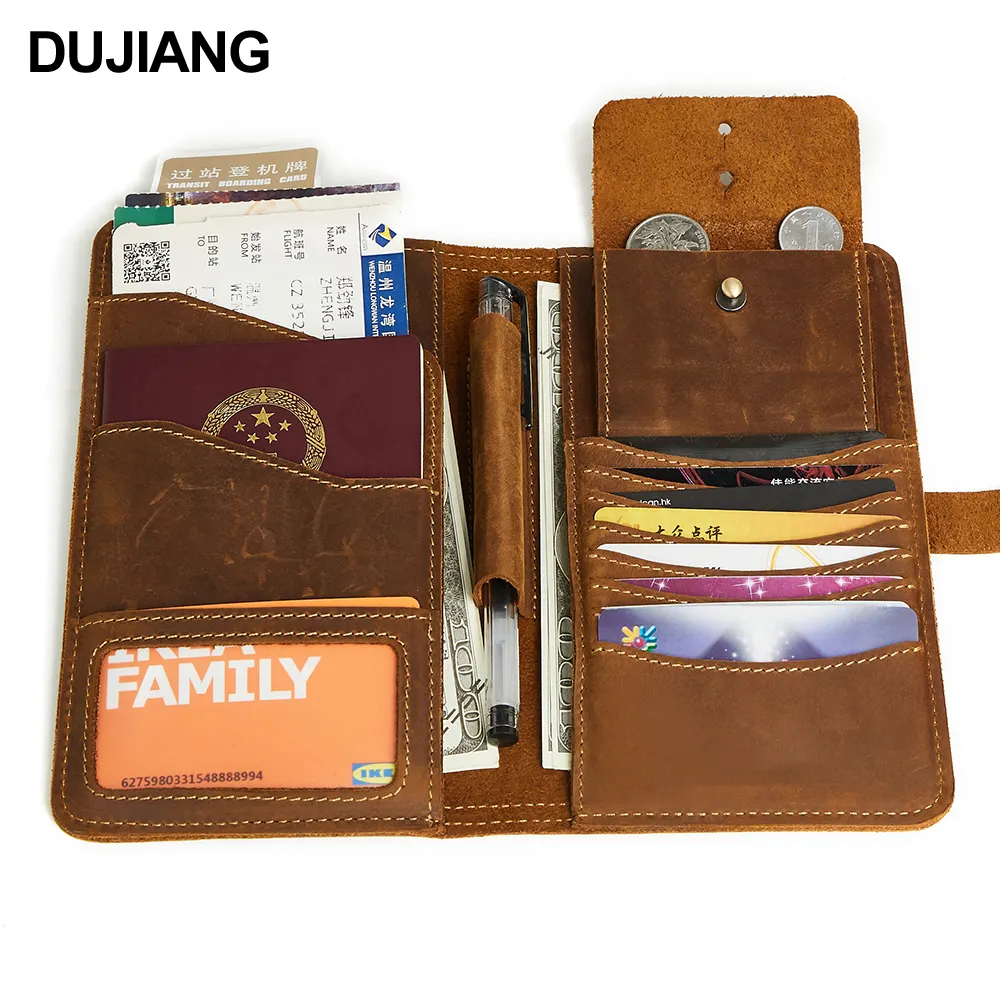 Toptan özel iş moda hakiki deri seyahat pasaport cüzdanı RFID Vintage tarzı ve kart tutucu ile çok amaçlı